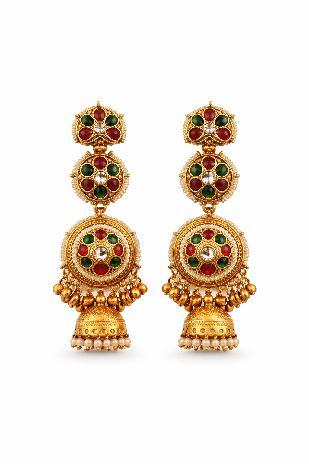 Traditional Gold Plated Kashmiri Jhumka Earrings ✨ | Red & Green Stone Ethnic Earrings | Bridal, Wedding & Festive Wear - Style #132