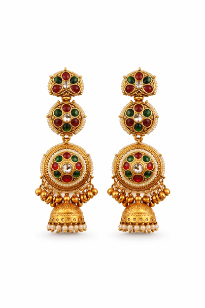 Traditional Gold Plated Kashmiri Jhumka Earrings ✨ | Red & Green Stone Ethnic Earrings | Bridal, Wedding & Festive Wear - Style #132