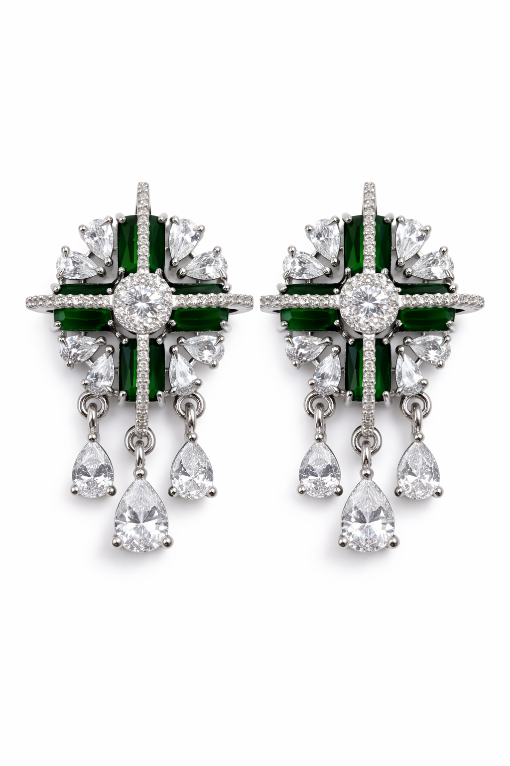 Emerald Green Statement Earrings ✨ | Silver Crystal Drop Earrings | Party Wear & Cocktail Jewelry - Style #131
