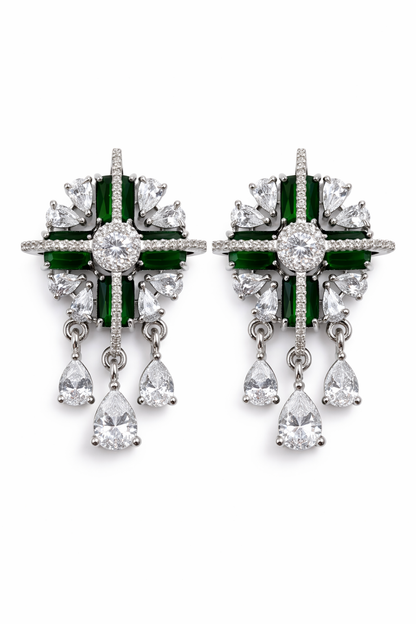 Emerald Green Statement Earrings ✨ | Silver Crystal Drop Earrings | Party Wear & Cocktail Jewelry - Style #131