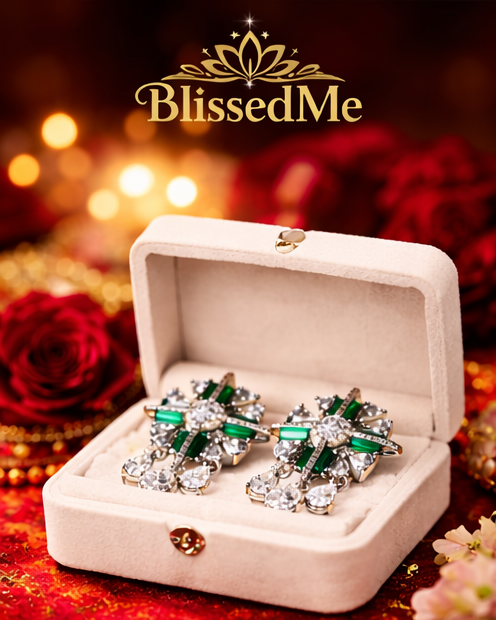 Emerald Green Statement Earrings ✨ | Silver Crystal Drop Earrings | Party Wear & Cocktail Jewelry - Style #131