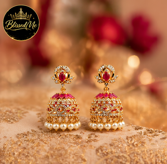 Royal Ruby Pink Pearl Jhumka Earrings ✨ | Style #150