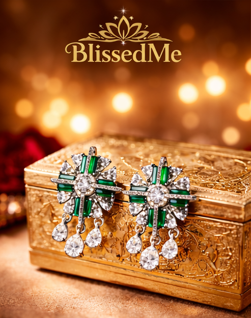 Emerald Green Statement Earrings ✨ | Silver Crystal Drop Earrings | Party Wear & Cocktail Jewelry - Style #131