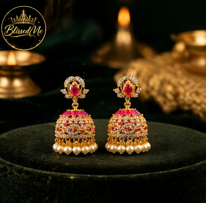 Royal Ruby Pink Pearl Jhumka Earrings ✨ | Style #150