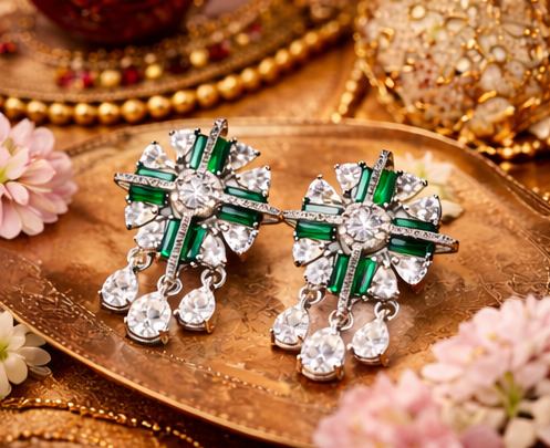 Emerald Green Statement Earrings ✨ | Silver Crystal Drop Earrings | Party Wear & Cocktail Jewelry - Style #131