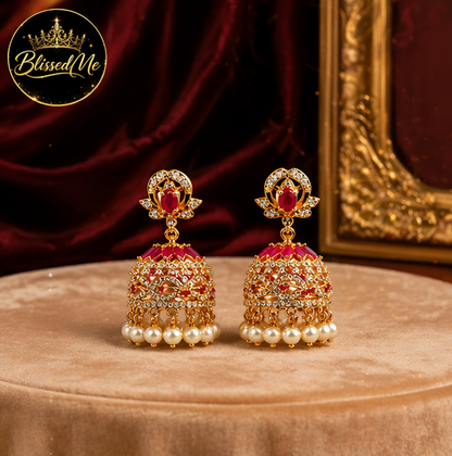 Royal Ruby Pink Pearl Jhumka Earrings ✨ | Style #150