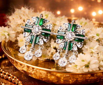 Emerald Green Statement Earrings ✨ | Silver Crystal Drop Earrings | Party Wear & Cocktail Jewelry - Style #131