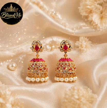 Royal Ruby Pink Pearl Jhumka Earrings ✨ | Style #150