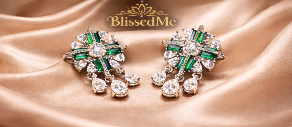 Emerald Green Statement Earrings ✨ | Silver Crystal Drop Earrings | Party Wear & Cocktail Jewelry - Style #131