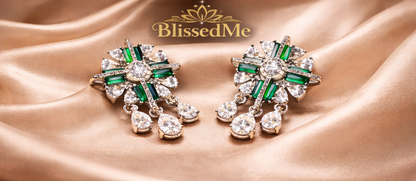 Emerald Green Statement Earrings ✨ | Silver Crystal Drop Earrings | Party Wear & Cocktail Jewelry - Style #131