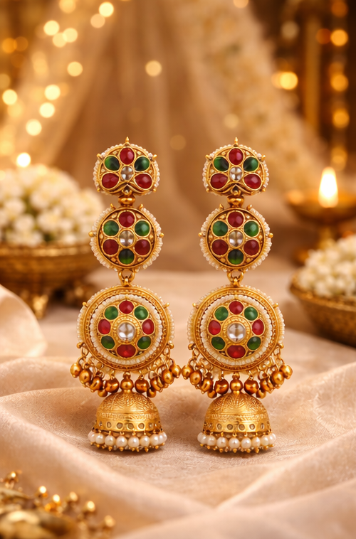 Traditional Gold Plated Kashmiri Jhumka Earrings ✨ | Red & Green Stone Ethnic Earrings | Bridal, Wedding & Festive Wear - Style #132