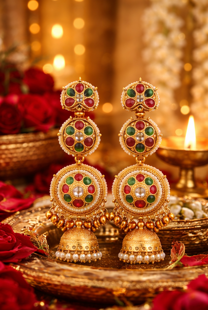 Traditional Gold Plated Kashmiri Jhumka Earrings ✨ | Red & Green Stone Ethnic Earrings | Bridal, Wedding & Festive Wear - Style #132