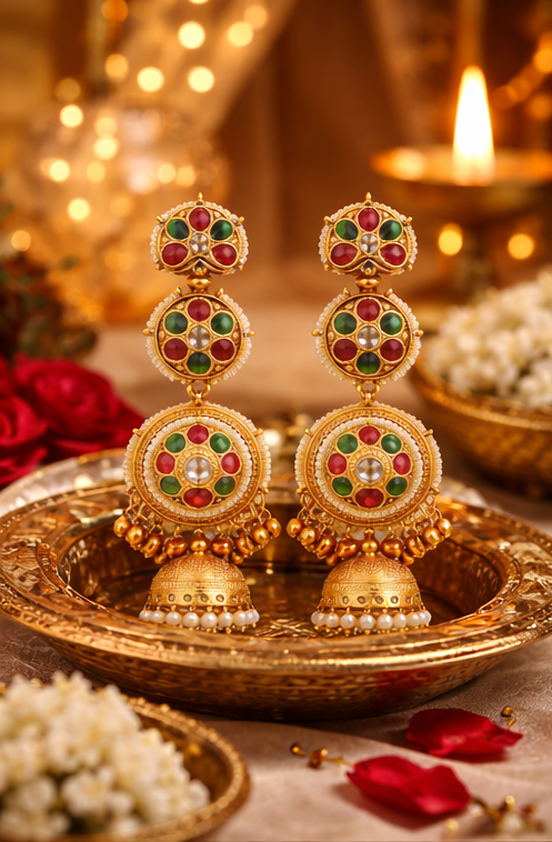 Traditional Gold Plated Kashmiri Jhumka Earrings ✨ | Red & Green Stone Ethnic Earrings | Bridal, Wedding & Festive Wear - Style #132