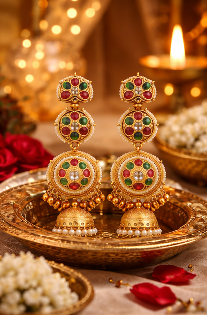 Traditional Gold Plated Kashmiri Jhumka Earrings ✨ | Red & Green Stone Ethnic Earrings | Bridal, Wedding & Festive Wear - Style #132