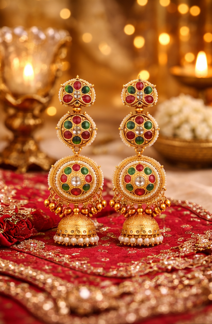 Traditional Gold Plated Kashmiri Jhumka Earrings ✨ | Red & Green Stone Ethnic Earrings | Bridal, Wedding & Festive Wear - Style #132