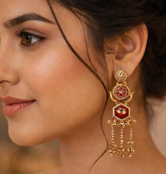 Royal Red & Gold  Floral Motif Handcrafted Dangling Kashmiri Earrings ✨ | Bridal, Wedding & Festive Wear - Style #134