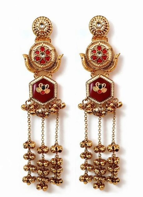 Royal Red & Gold  Floral Motif Handcrafted Dangling Kashmiri Earrings ✨ | Bridal, Wedding & Festive Wear - Style #134