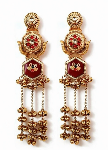 Royal Red & Gold  Floral Motif Handcrafted Dangling Kashmiri Earrings ✨ | Bridal, Wedding & Festive Wear - Style #134