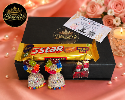 BlissedMe Mother’s Day Special Jewelry Gift Combo for Mom | Traditional Jhumka & Ruby Western Earrings with 5 Star Chocolate Gift Box ✨ | Style #170