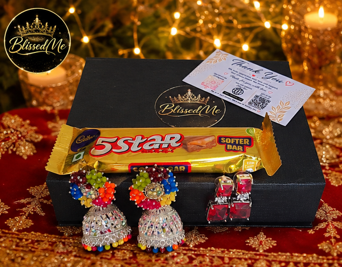 BlissedMe Mother’s Day Special Jewelry Gift Combo for Mom | Traditional Jhumka & Ruby Western Earrings with 5 Star Chocolate Gift Box ✨ | Style #170