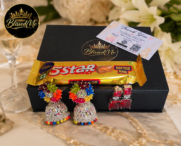 BlissedMe Mother’s Day Special Jewelry Gift Combo for Mom | Traditional Jhumka & Ruby Western Earrings with 5 Star Chocolate Gift Box ✨ | Style #170