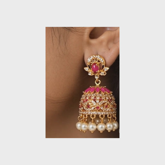 Royal Ruby Pink Pearl Jhumka Earrings ✨ | Style #150
