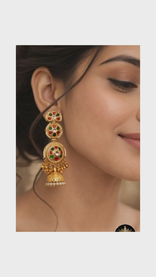 Traditional Gold Plated Kashmiri Jhumka Earrings ✨ | Red & Green Stone Ethnic Earrings | Bridal, Wedding & Festive Wear - Style #132
