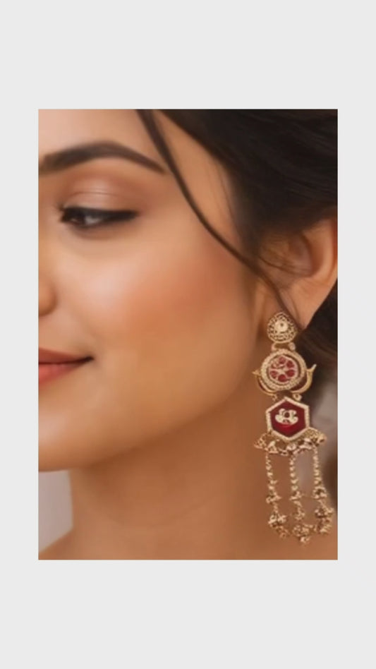 Royal Red & Gold  Floral Motif Handcrafted Dangling Kashmiri Earrings ✨ | Bridal, Wedding & Festive Wear - Style #134