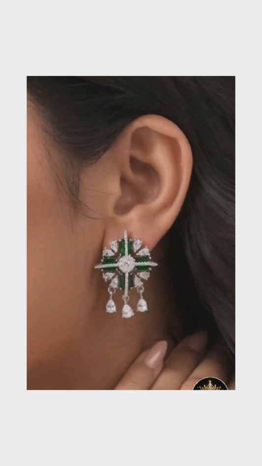 Emerald Green Statement Earrings ✨ | Silver Crystal Drop Earrings | Party Wear & Cocktail Jewelry - Style #131